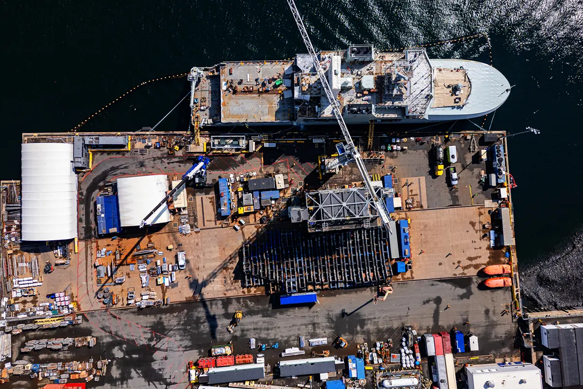 Overhead view of dock, cranes, and vessel